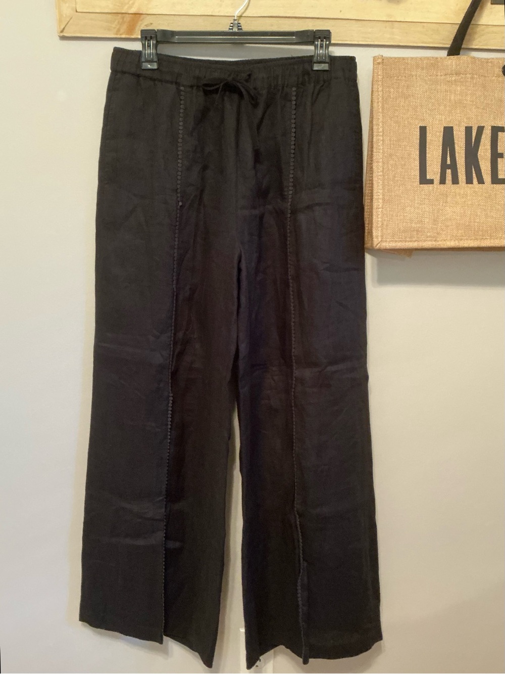 Calmé by Johnny Was Wide-Leg Drawstring Black Linen Pants Eyelet Seam Detail